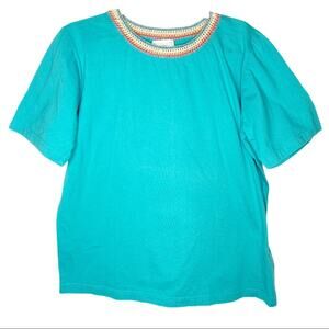 Vintage 1990 Susan Bristol Crochet Knit Neck Teal Shirt Medium